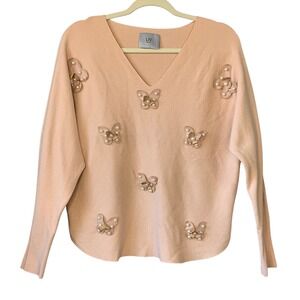 LIV Milano Peach Ribbed V Neck Butterfly Pearl Embellished Sweater Women's M